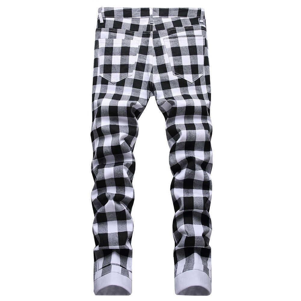 Men's Jeans Men's Black and White Plaid Printed Jeans Fashion Check Digital Print Slim Straight Pants Stretch Trousers W0413