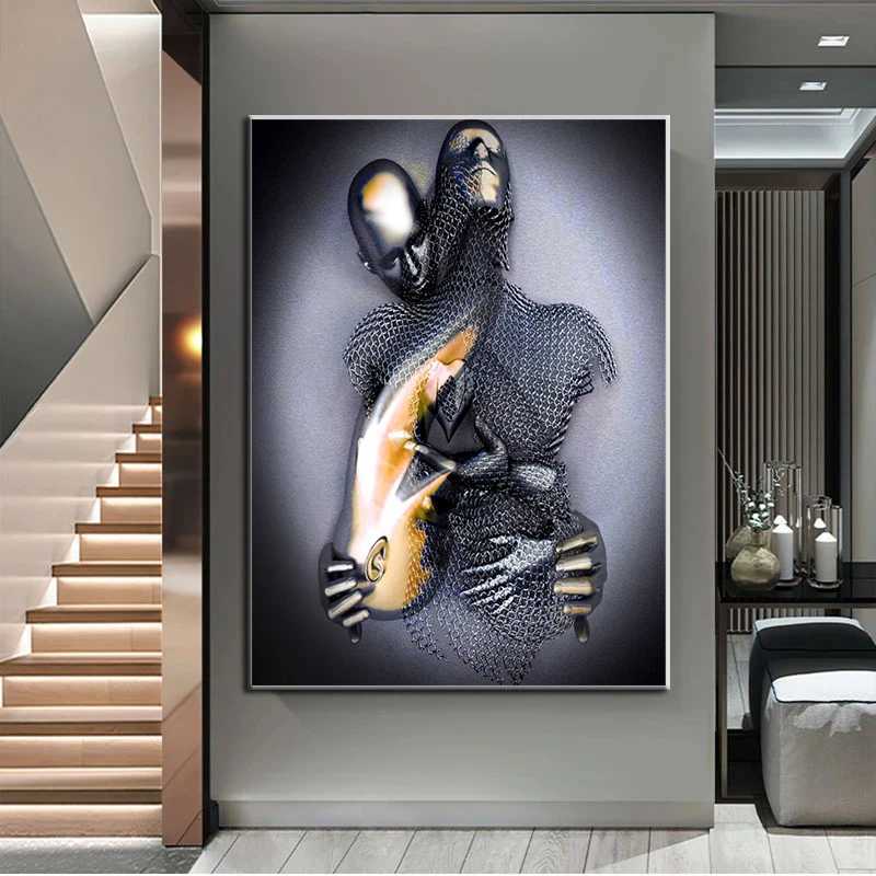 絵画3Dラブハートグレーアートペインティングキャンバスメタルフィギュア彫像アートポスターとプリントリビングルームの壁の写真