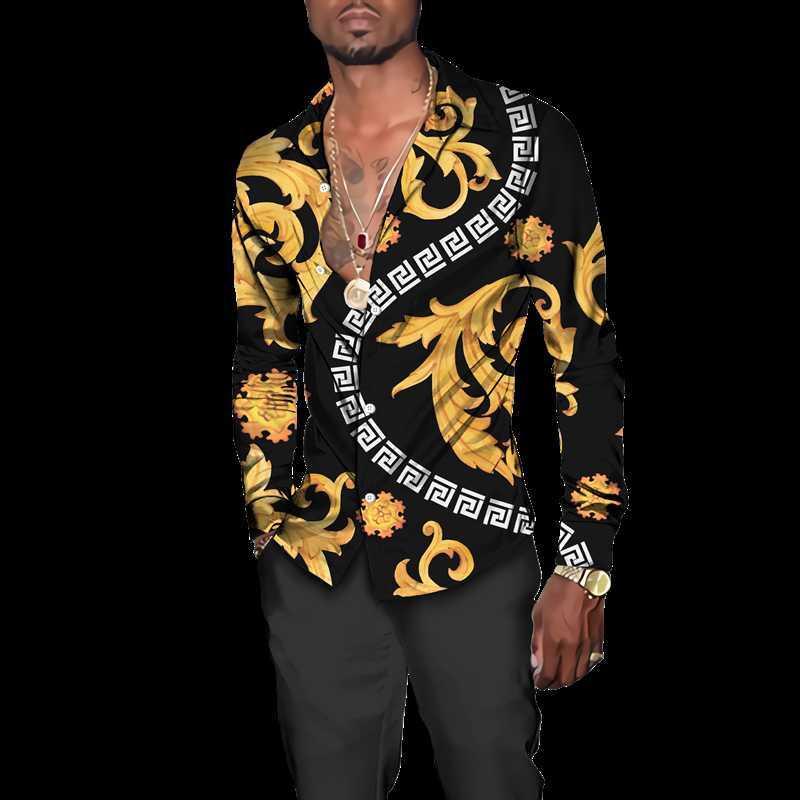 Мужская мода мода Golden Flower 3D-печать Мужские рубашки на пуговицах барокко