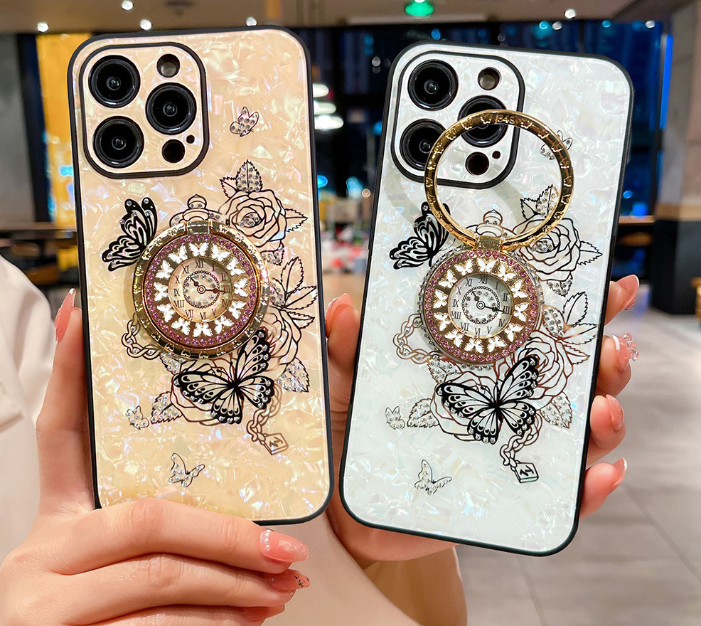 Tybomb Butterfly Bling Diamond Holder Cases for iPhone 15 14 Plus 13 Pro Max 12 11 Luxury Clock Flower Hard PC Plant TPU Rhinestone 360 ​​Finger Ring Ring Cover