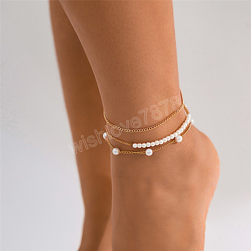 Bohemian Imitation Pearl Chain Chevaute pour femmes Summer Beach Vintage Barefoot Bracelet Ankle Foot Jewelry Accessoires