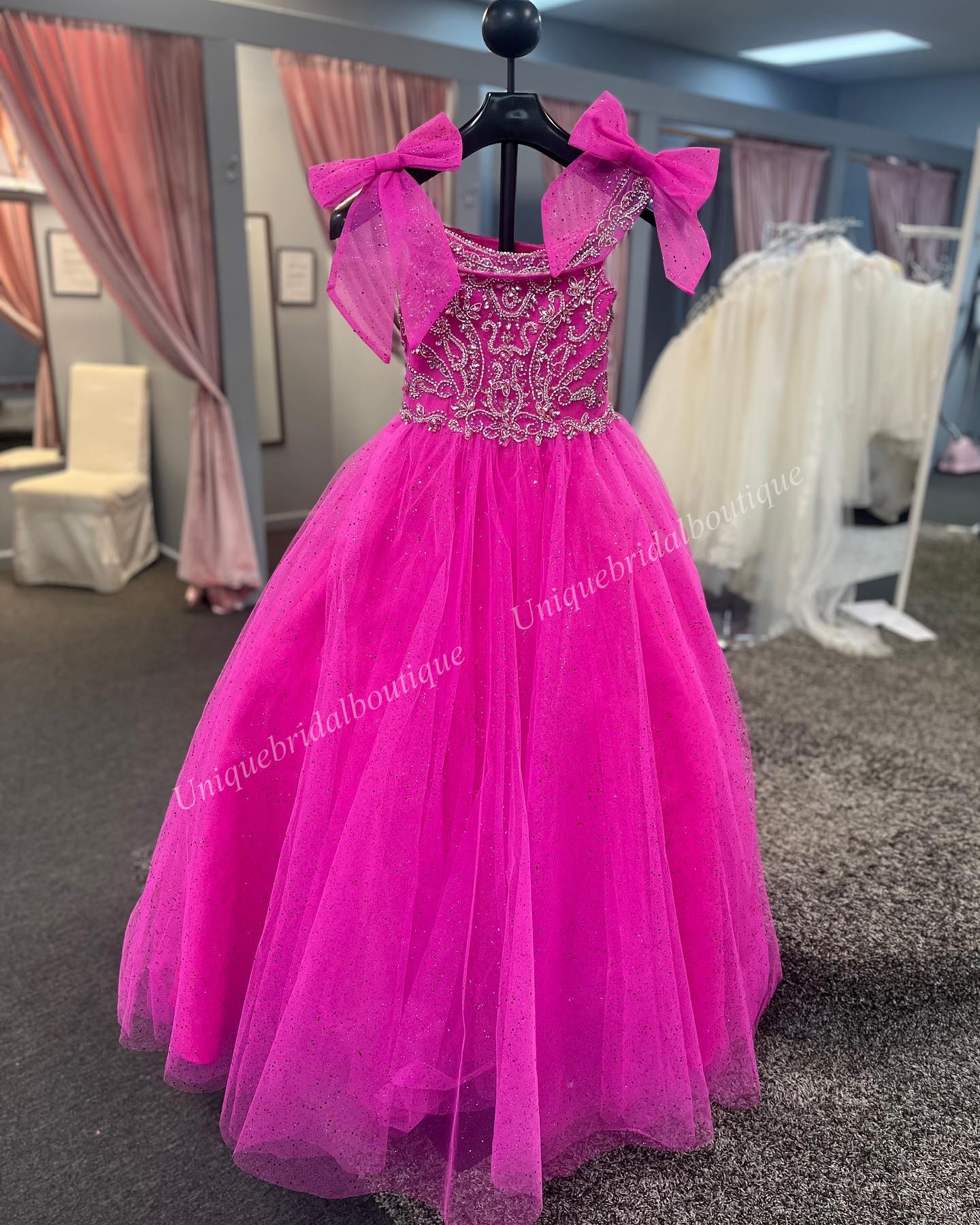 Hunter Pageant Dress for Little Girl 2024 Bow Sparkle Glitter Baby Kid Birthday Holiday Fun-Fashion Runway Formell Cocktail Party Gown Toddler Teens Sky-Blue Fuchsia