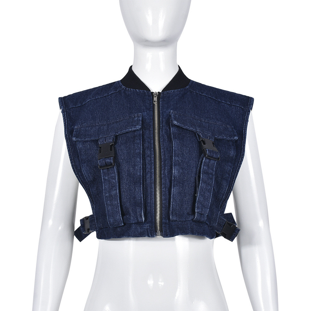 Denim Cargo Vests Tanks designer Sleeveless Women Pockets Short Crop Tops Fashion Side Buckle Zipper Tanks Y2k 2023 women Clothes 9700