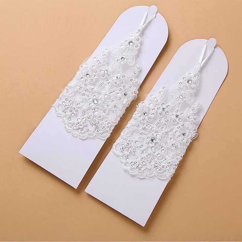 Gants de mariée courts en Satin et dentelle perlée, élégants, sans doigts, pour fête de mariage, blanc, rouge, accessoires de mariage