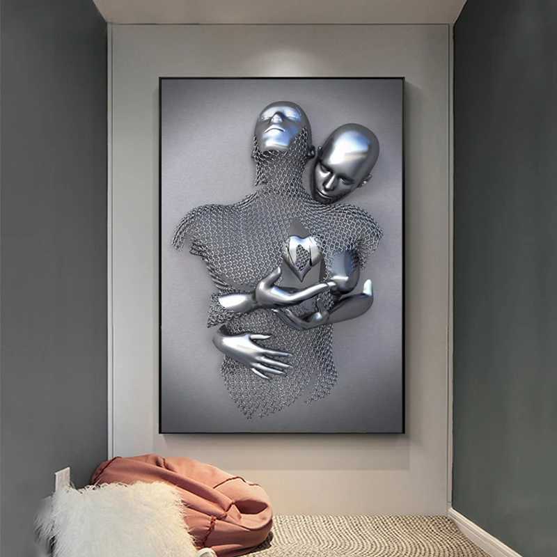 Peintures 3D Amour Coeur Gris Art Peinture sur Toile Figure En Métal Statue Art Affiches et Impressions Mur Photos pour Salon Décor À La Maison L231111