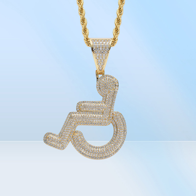 New Iced Out Wheelchair Handicapped Sign Pendant Necklace Gold Silver Plated Mens Hip Hop Jewelry Gift8710732