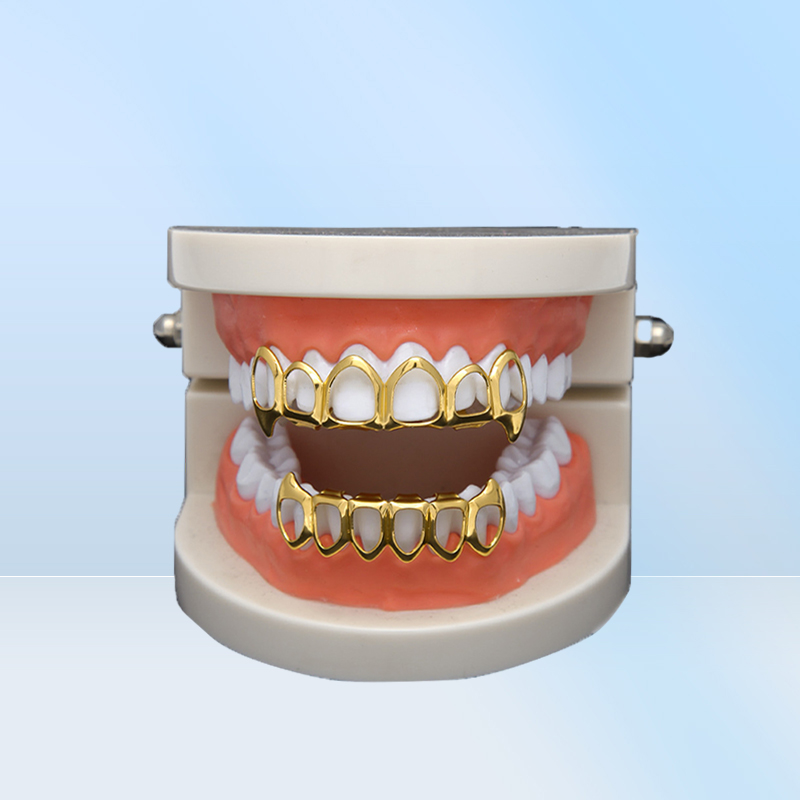 Nowy Hip Hop Custom Fit Grill Sześć pustych otwartych twarzy złota usta Grillz Caps górne dno z silikonowymi zębami wampirów Set7714305