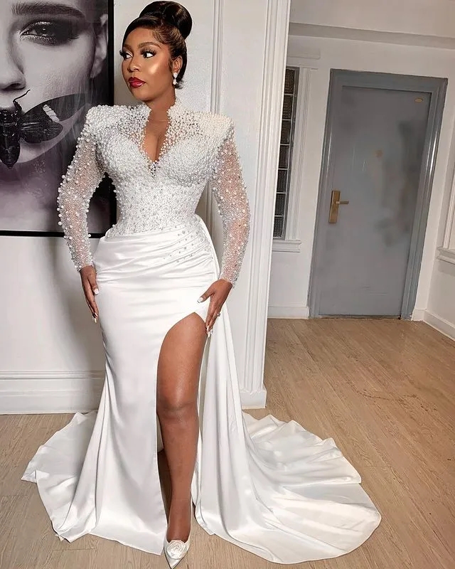 Exquise grande taille arabe Aso Ebi sirène luxueux Sexy robe de mariée perles manches longues Satin robes de mariée robe