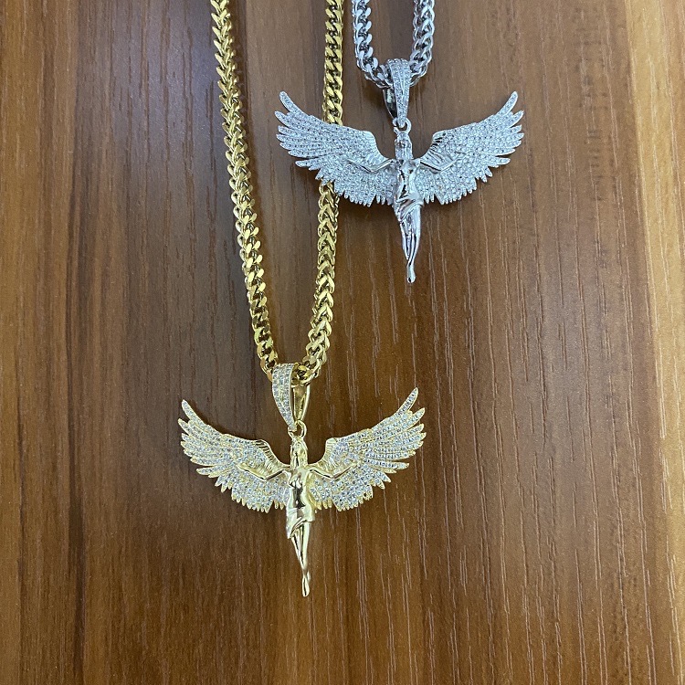 Fshion 65cm Cuban Chain Pendant Necklaces Men Women Innlaid With Zircon Angel Wings Copper Hip-hop Rap Necklace Jewelry Unisex