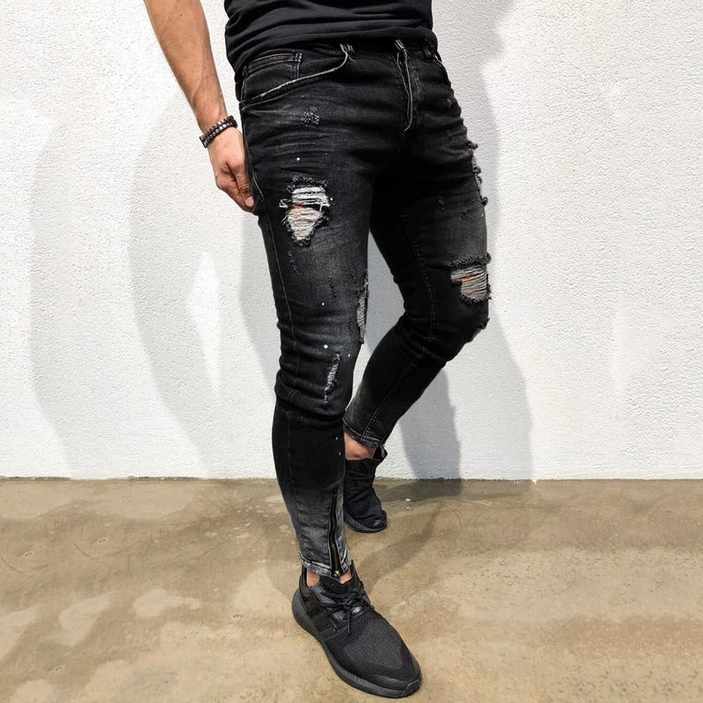 Jeans masculinos Men Fashion Street Hole Black Lápis Pants Motocicleta Partema Casual Denim Zipper Design Cool #LR2 W0413