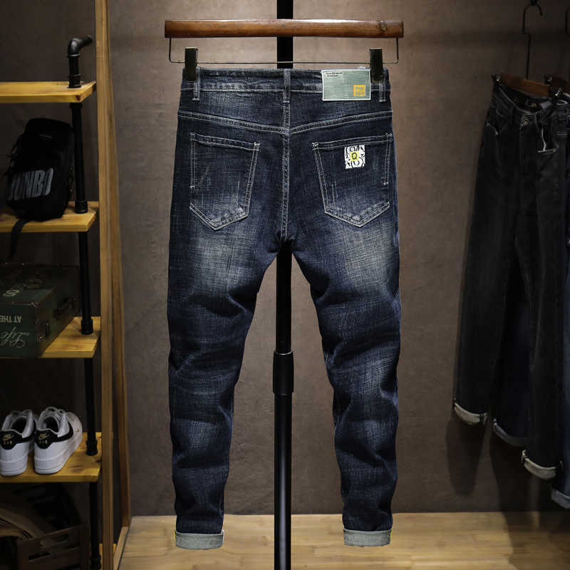Men's Jeans Hip Hop jean hommes élasticité bleu foncé déchiré jean pour garçons coupe mince mode Streetwear pantalon détruit homme jean Patch vêtements W0413