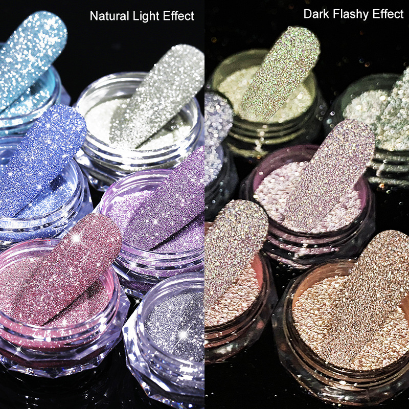 Nagelkristallpulver reflekterande glitter för naglar glänsande pigment iriserande glas Mikroborr Naglarpulverdekorationer