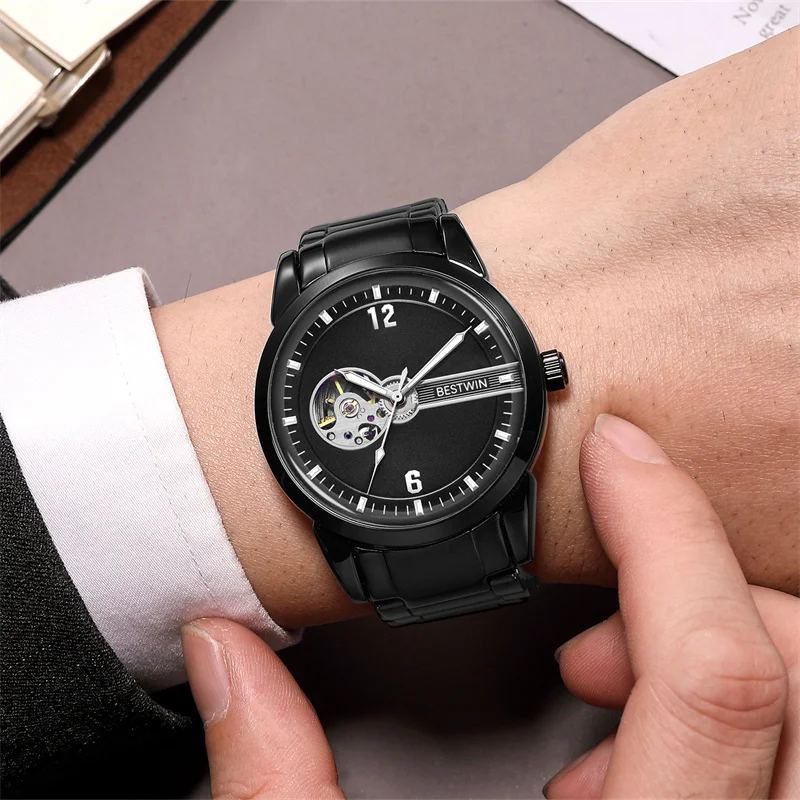 패션 자동 기계적 시계 남성용 스트랩 스포츠 투르 빌론 손목 시계 광도 아날로그 방수 시계