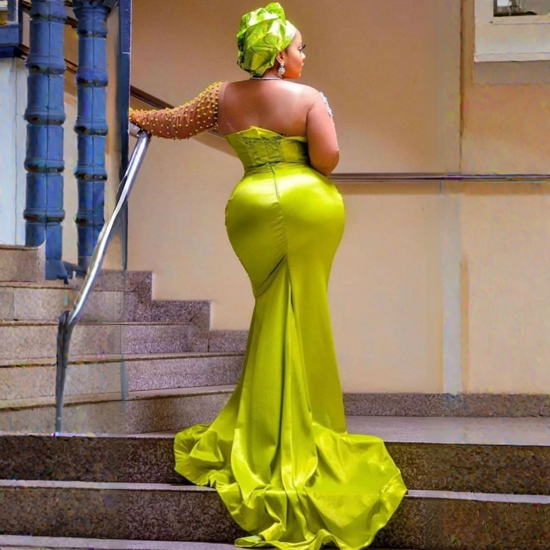 Plus Size Aso Ebi Zeemeermin Galajurken Groen Mint Eén-schouder Lange Tule Mouwen Afrikaanse Zwarte Meisjes Glitter Pailletten Kant Kristal Tule Ruches Avondjurken