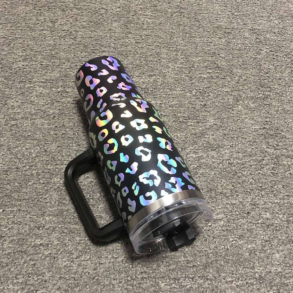 40oz holographic leopard tumbler with handle lid straw big capacity iridescent water bottle outdoor camping cup vacuum insulated travel mugs