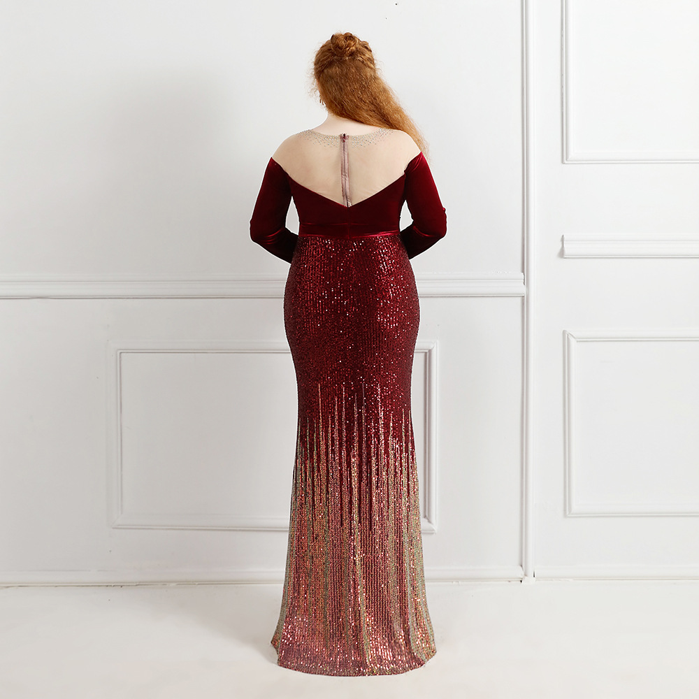 Neues elegantes durchsichtiges Velours-Abendkleid-Frauen-langärmliges Kleid-Pailletten-Partei-Kleid-Robe-Soiree-elegantes formelles Kleid