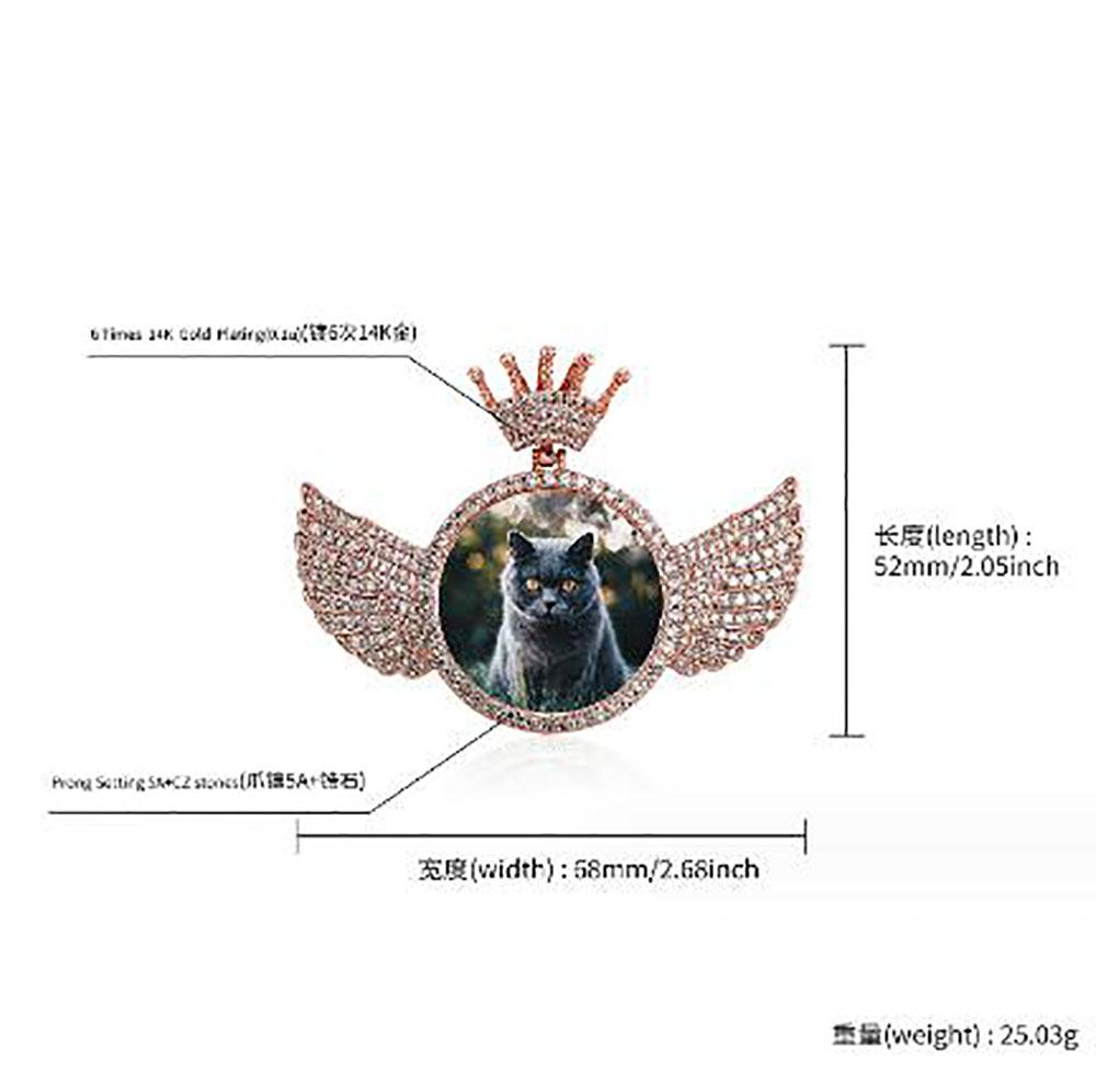 Custom Made Wings Picture Photo Pendant Necklace Icy Zircon Charm with 24" Rope Chain Men Women Hiphop Rock Jewelry Gift