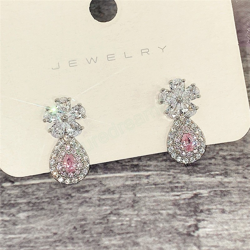 ファッションクリエイティブな小さな花甘いウォータードロップイヤリングジュエリー美しいAAAピンクダイヤモンドグリルスタッドイヤリング