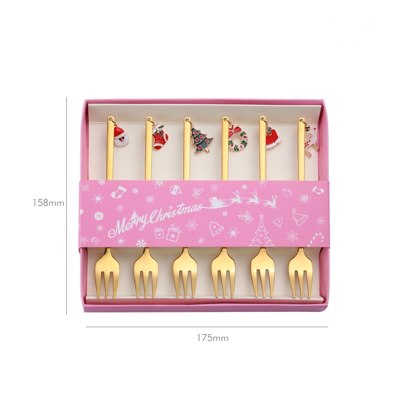 Ensemble de couverts en acier inoxydable 6 pièces/ensemble, coffret cadeau de noël pour enfants avec pendentif de noël, fourchettes à fruits, cuillère à café Q718