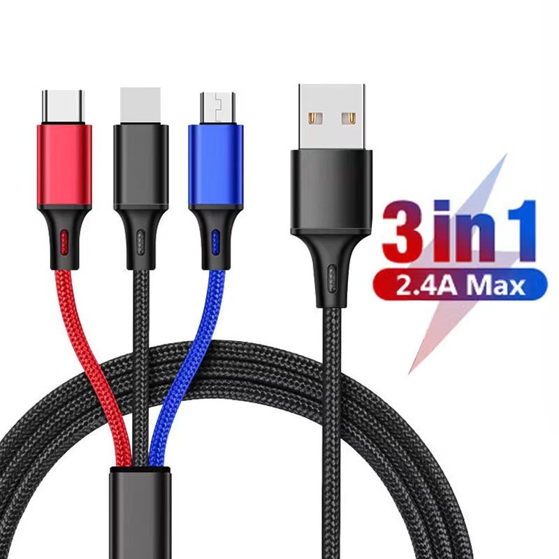 1,2 m 3 w 1 nylonowe dane oparte Dane ładujące wiele kabli ładowania USB 3A Kabel iOS typ C Micro dla iPhone'a Samsung Huawei LG z pudełkiem detalicznym