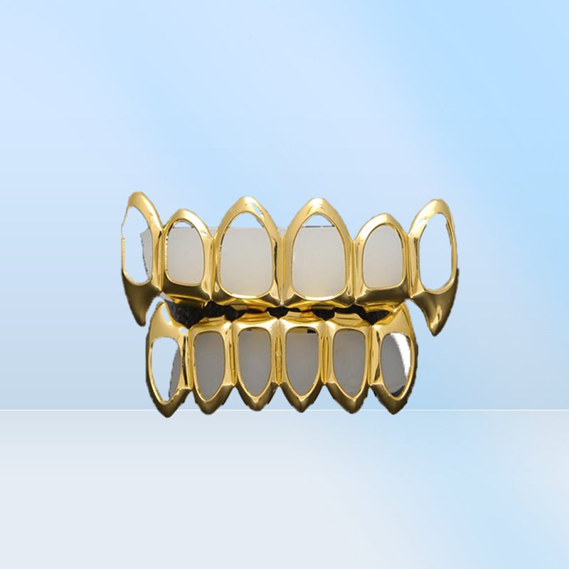 New Hip Hop Custom Fit Grill Six Hollow Open Open Gold Gold Grillz Caps أعلى أسفل مع أسنان مصاص الدماء السيليكون set3052586