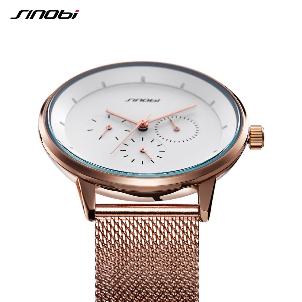 2023 Rose Gold Men Watch SINOBI Top Brand Luxury Milan Mesh Band Fashion Casual Date Calendar Quartz Clock Business Watches Mens Gift