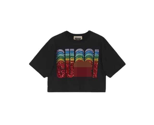 2023 Nya designer Kvinnor T-skjorta avancerad skjorta Family High Quality 2023 Spring/Summer Style Heavy Duty Rainbow Pärlor Double Shadow Round Neck Sleeve T-shirt för kvinnor