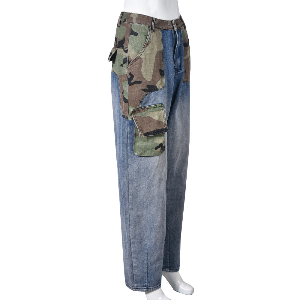 Denim Cargo Straight Jeans designer Casual Camouflage Contrast Patchwork pants Womens Trousers High Waist Bottoms women clothing bulk wholesale items 9698