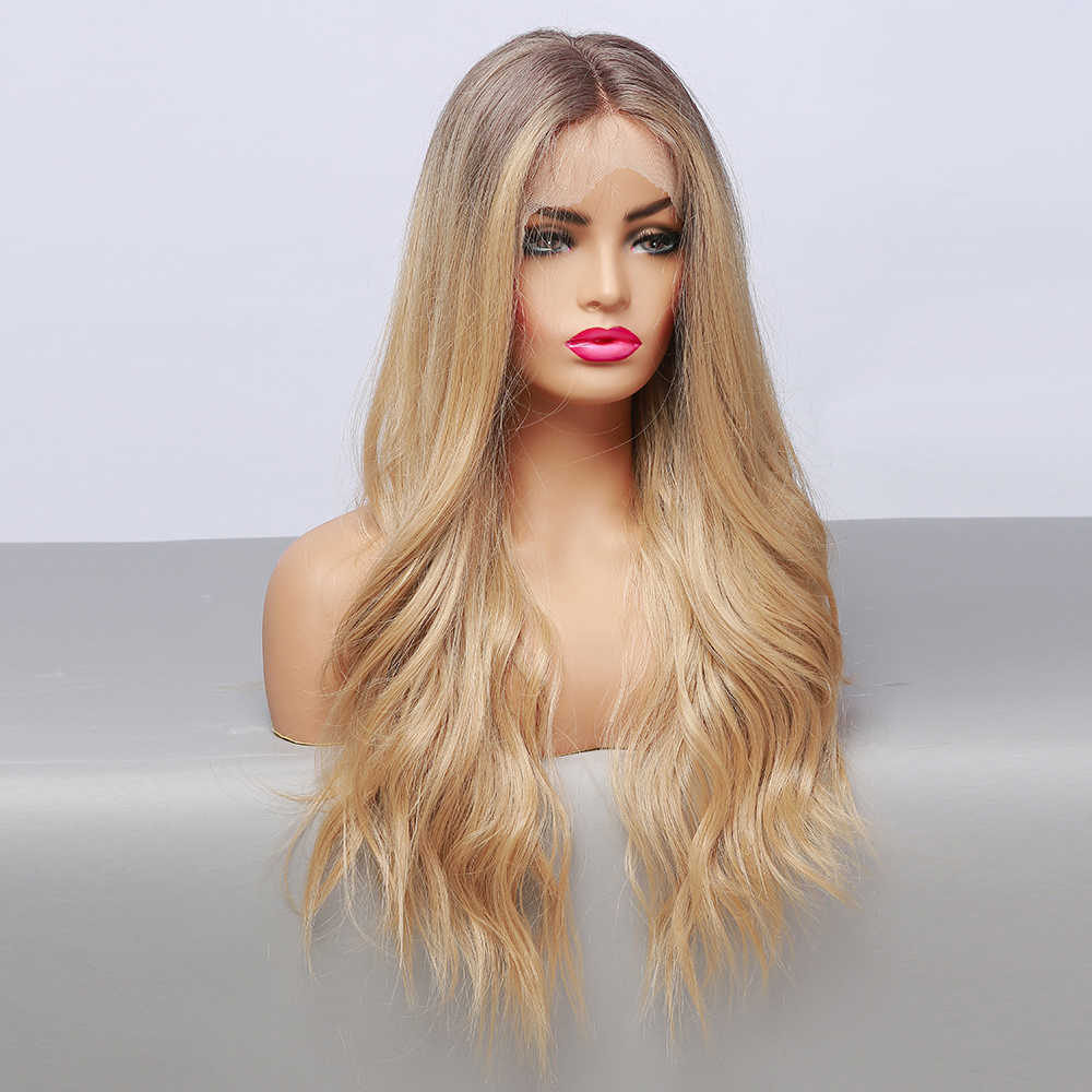 Синтетические парики Easihair Long Wave Curace Front Wig для женщин Brown Blonde Ombre Синтетические парики высокой плотности с устойчивыми к детским волосам 230227