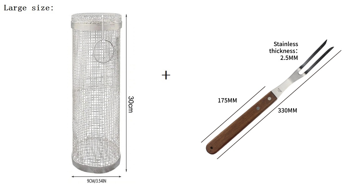 Utensili da forno Barbecue Barbecue Cestino grigliate Accessori Strumenti Acciaio inossidabile Forma rotonda Tostatrice Tamburo Forno Maglia Griglia barbecue con forchetta H23-82