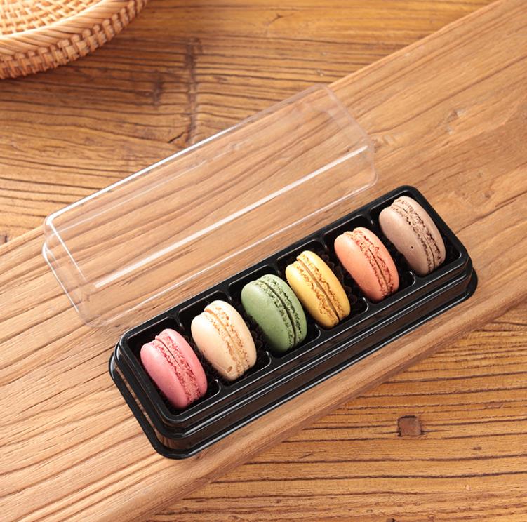 Boîte d'emballage de macaron à 6 cavités Boîte d'emballage de cuisson rectangulaire en plastique noir avec couvercle transparent SN4123