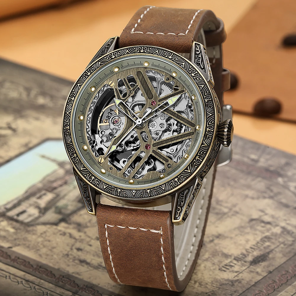 Sport Mechanical Watch Men Retro Luxury Men's Watches Hip Hop Hollow Skeleton Clock Male Leather Strap Relogio Masculino Hombre