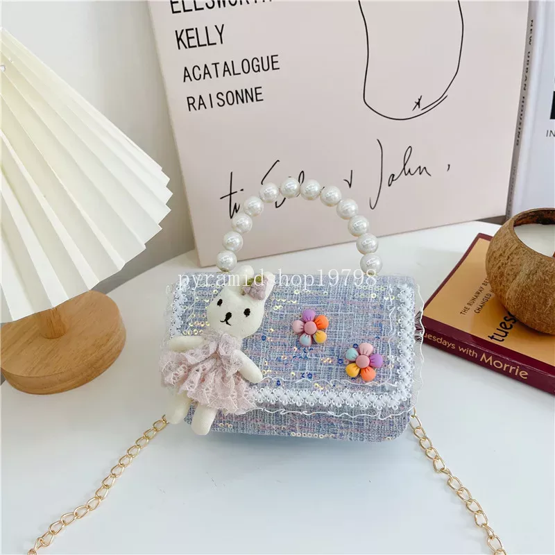 Borse a tracolla piccole bambini con paillettes dolci Borsa a tracolla con fiori ragazze con manico di perle adorabile Borsa a mano da principessa con coniglio in cartone animato