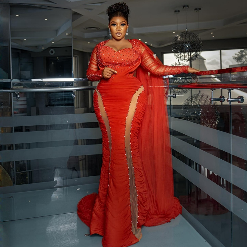 2023 Plus Size Aso Ebi Prom Jurken Rode Zeemeermin Lange Tule Mouwen Sweetheart Hals Afrikaanse Nigeria Avondjurken Vestidos robes de soiree Kralen Lovertjes Jurken