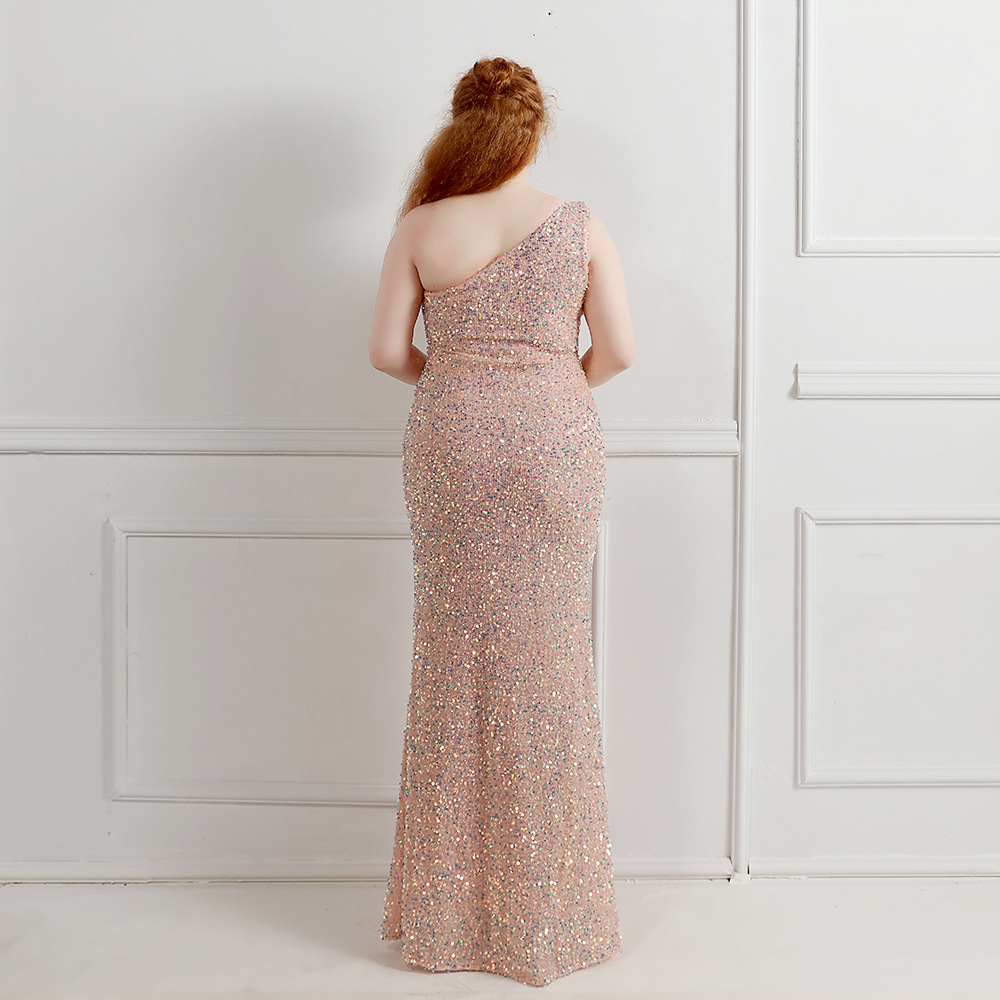 Grande taille élégante une épaule robe noire longue robe de soirée à paillettes nouvelles femmes robe de bal de fête porter