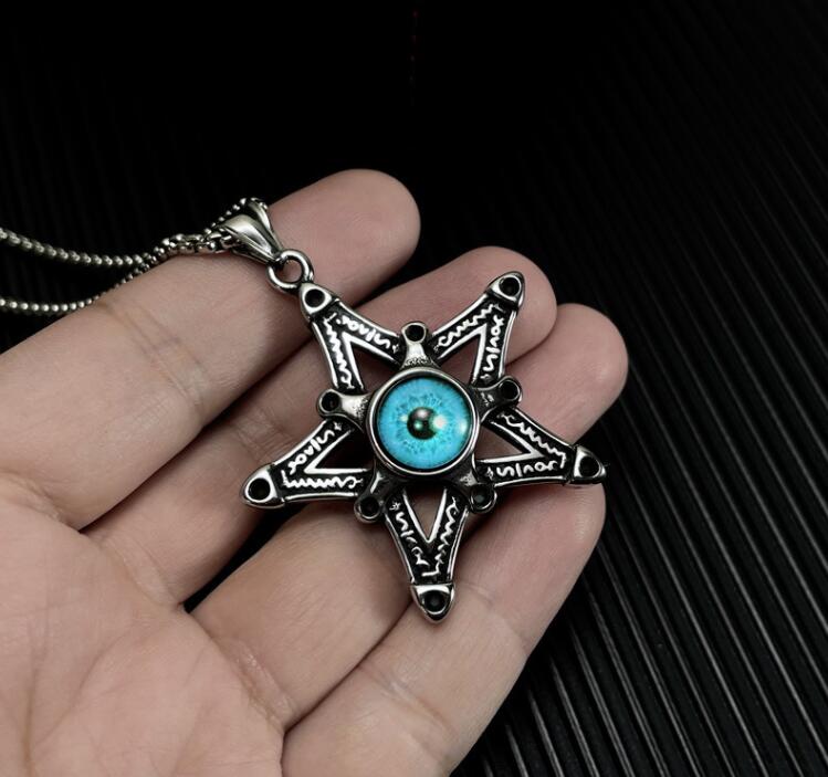 Collier pentagramme religieux en acier inoxydable, pendentif pentacle œil du diable bleu, bijoux gothiques, cadeaux pour femmes et hommes, chaîne Rolo 3 mm, 24 pouces, argent