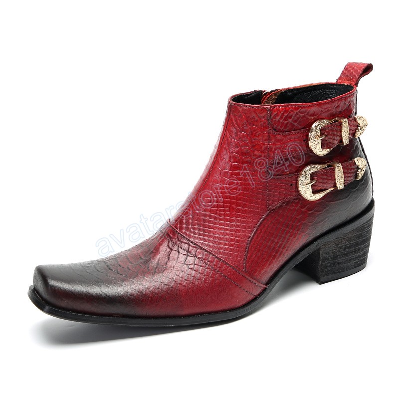 Формальная мужская обувь с квадратным носком, красные классические ботинки большого размера из натуральной кожи для мужчин, ботильоны с мотоциклетной пряжкой