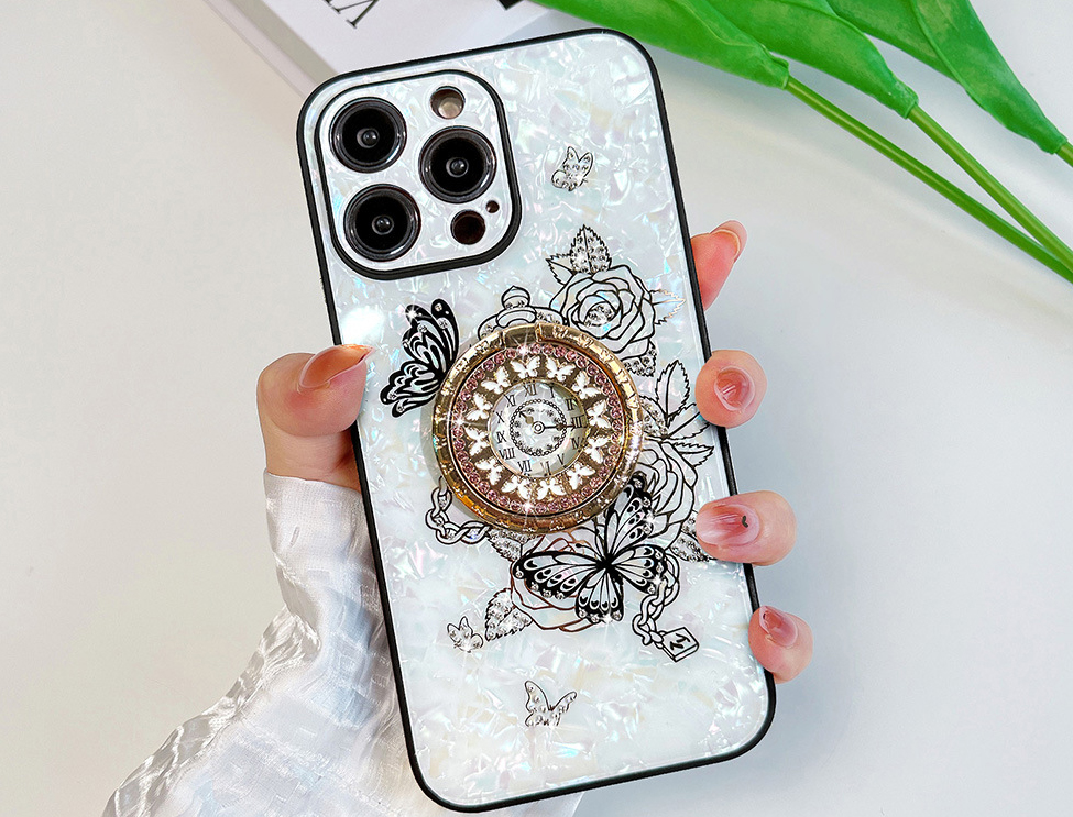 Tybomb borboleta bling diamante titular casos para iphone 15 14 plus 13 pro max 12 11 relógio de luxo flor duro pc plástico tpu strass 360 dedo anel kickstand capa