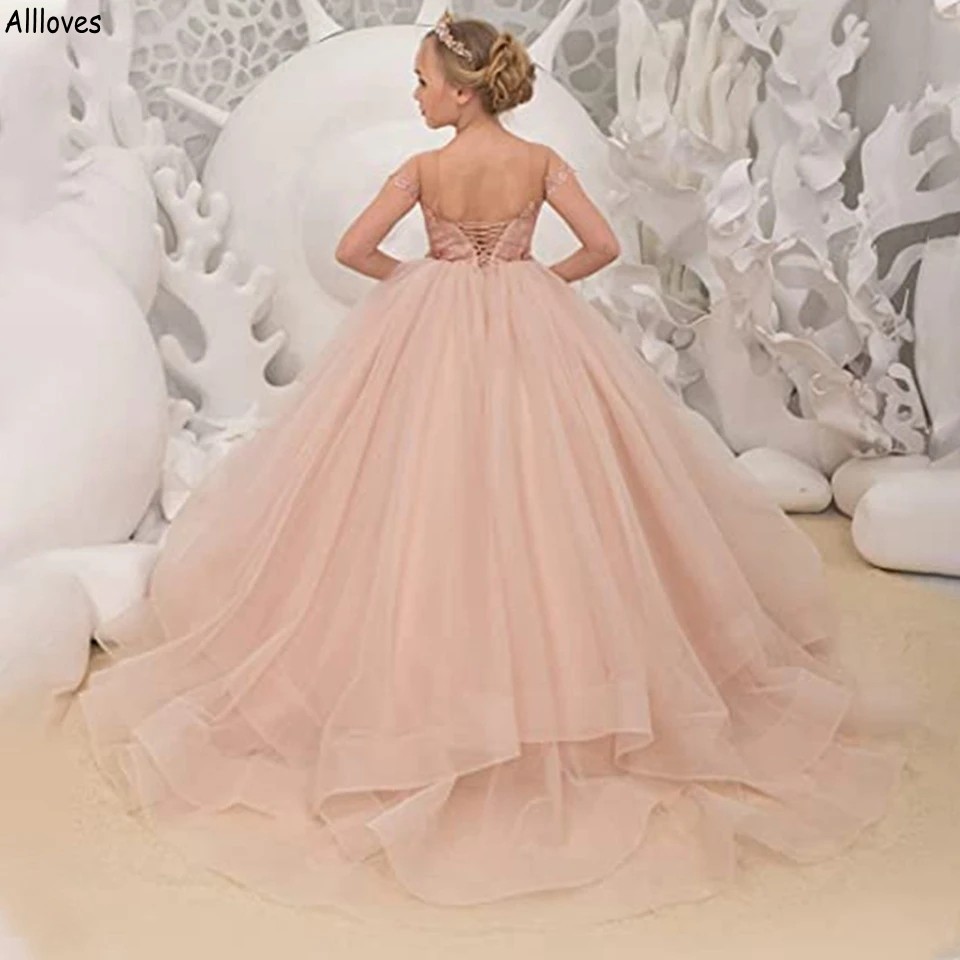 Robes de fille de fleur rose poussiéreux Fluffy Tulle Princesse Dentelle Appliqued Jewel Neck Fête de mariage Petite fille Robe pour tout-petits Cap Manches Robe de première communion CL2158