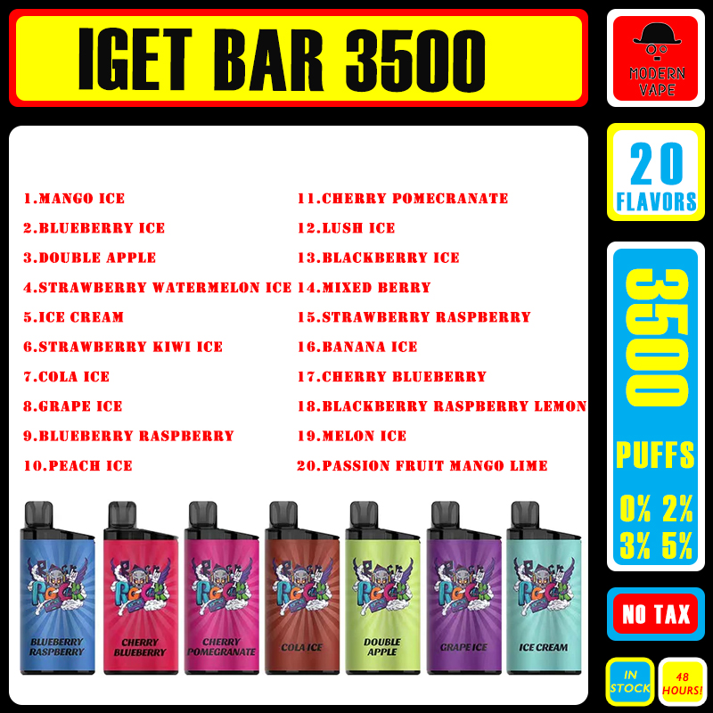 Iget Bar 3500 Puffs Original engångs elektronisk cigarettvape penna 800mAh Batteri 5% Koncentrationsband PODS PRE FYCH STEAM Kit i lager