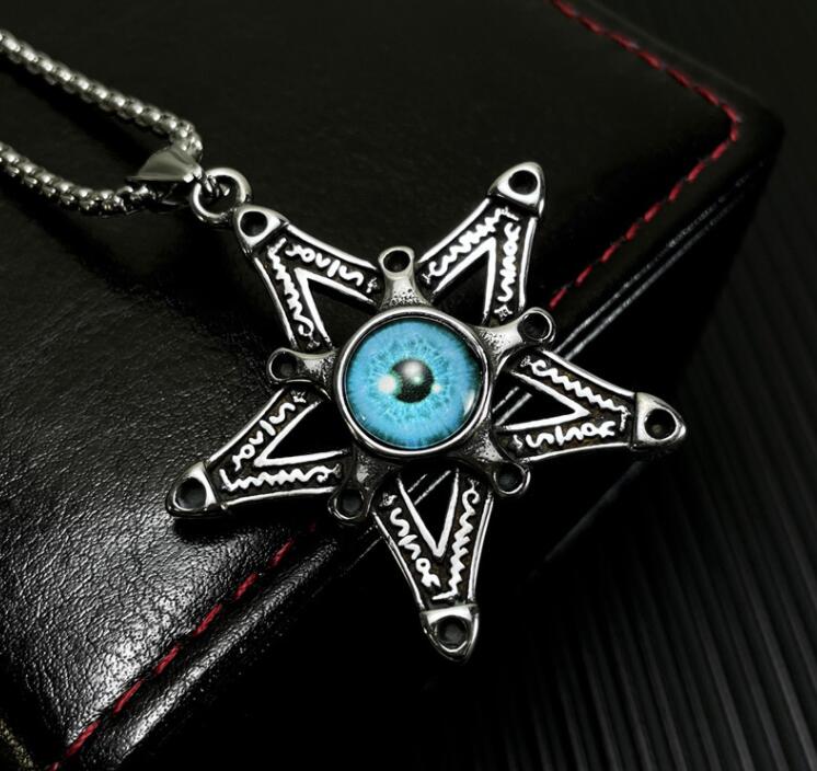 Collier pentagramme religieux en acier inoxydable, pendentif pentacle œil du diable bleu, bijoux gothiques, cadeaux pour femmes et hommes, chaîne Rolo 3 mm, 24 pouces, argent