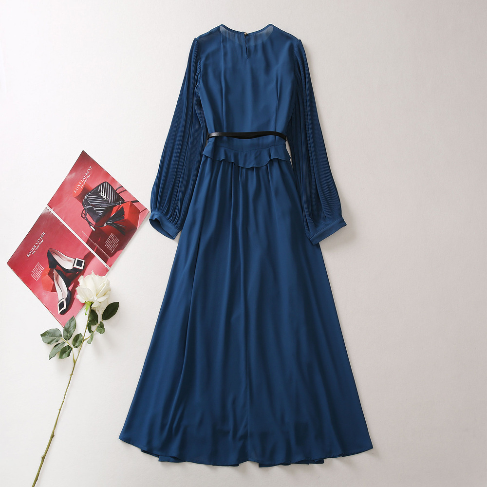 2023 Summer Blue Solid Color Belted Dress Long Sleeve Round Neck Panelled Midi Casual Dresses A3A101527