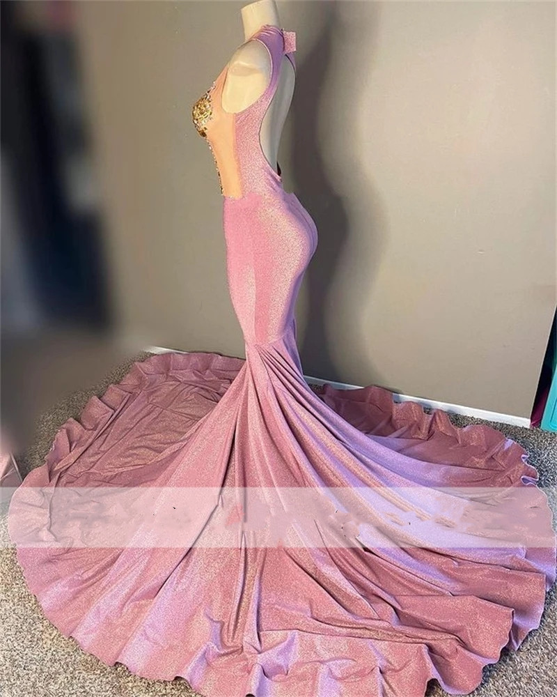 Sparkly Pink Mermaid Prom Dresses 2023 For Black Girls Sheer Neck Illusion Beaded Crystals Party Gowns Robe De Bal Open Back