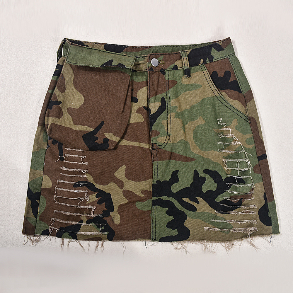 Ripped Camouflage Mini Skirt designer Women Army Green Pocket Button Party Skirt A-Line Zipper Short Slim Dresses women clothing 9708