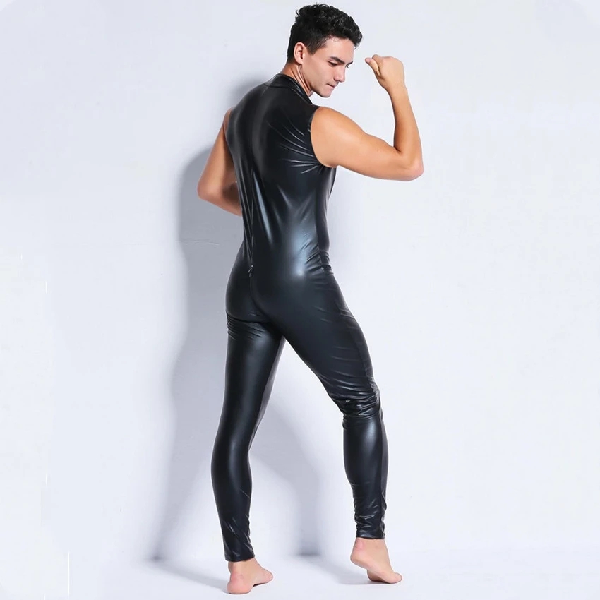 Catsuit Kostüme Herren Sexy Ärmelloser Kunstleder Skinny Bodysuit Hot Sexy Open Crotch Strumpfhosen Catsuit Zentai Anzug Herren Fetisch Kostüm Clubwear