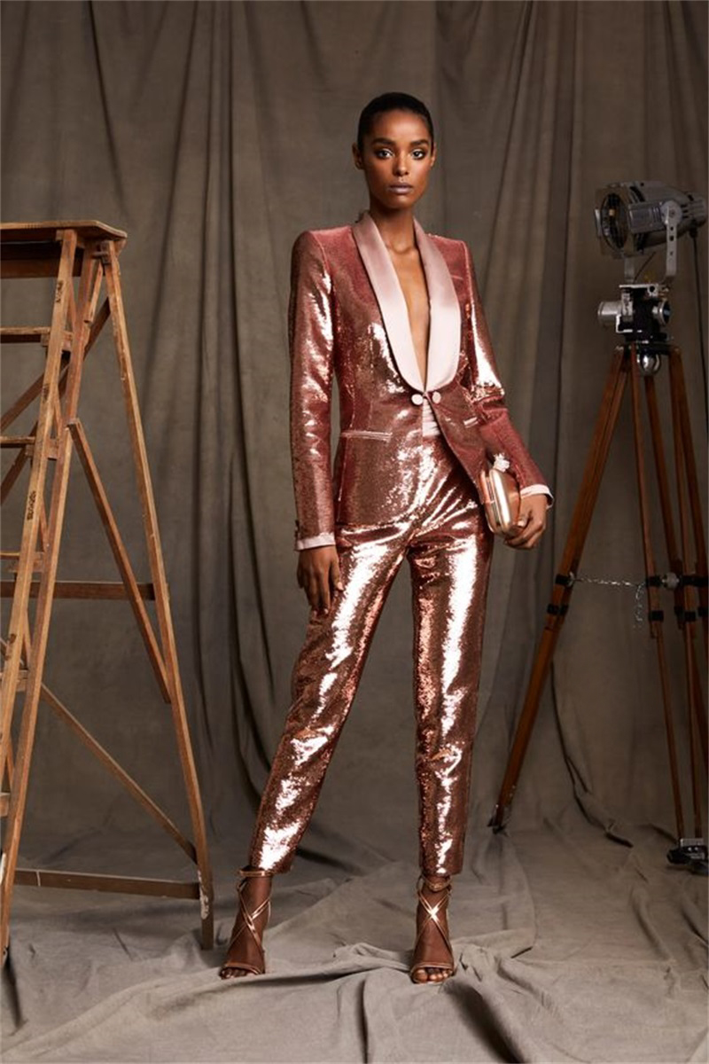 ローズゴールドスパンコールの女性スーツスパークリングブレザーパンツデザイナーレッドカーペットフォーマルパーティープロムドレスカスタムメイドのCSTUME FEMME