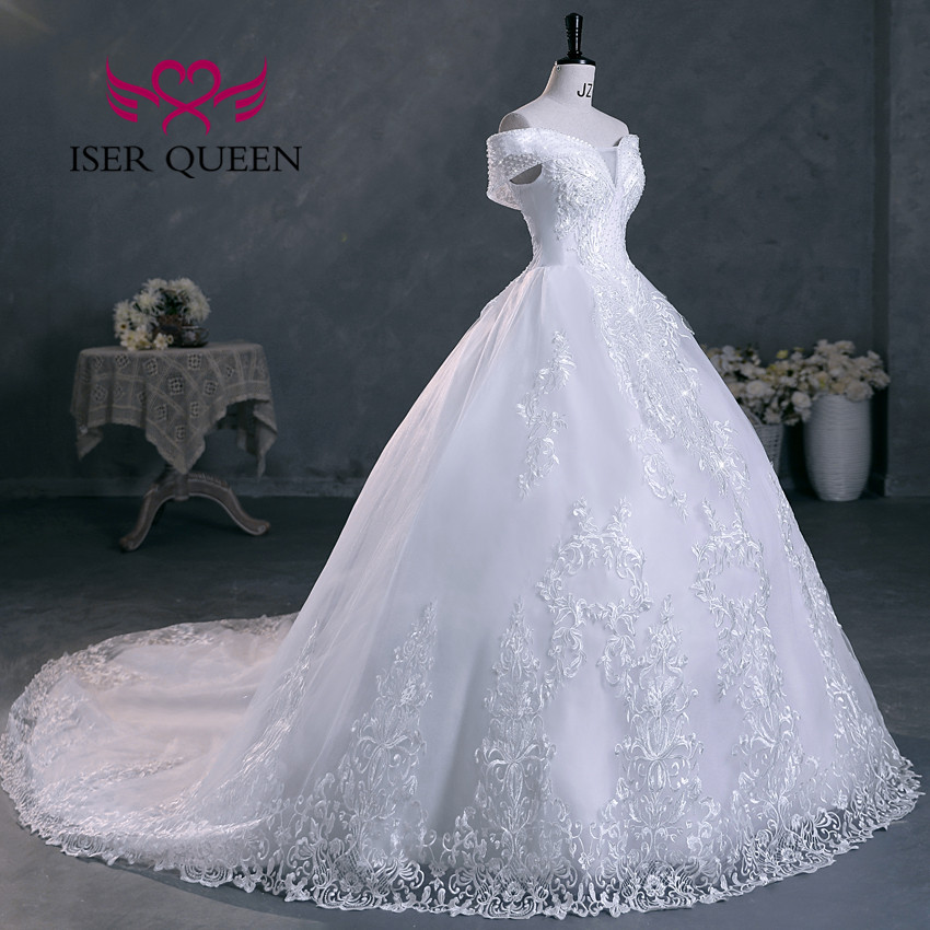 Cristal perlé hors épaule Cap manches femmes robes de mariée belle broderie Appliques grande taille robe de mariée WX0298