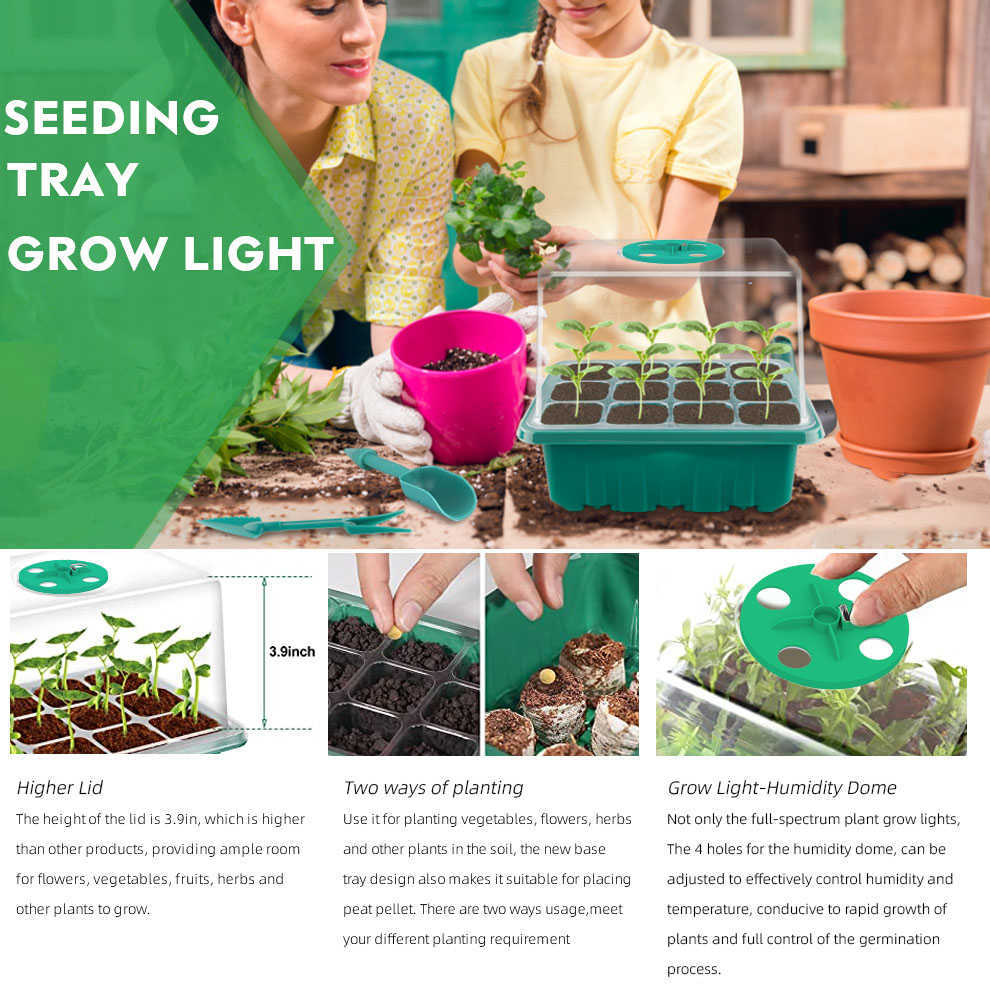 Grow Lights 5 Pack Plant Seed Starter Trays Kit plantor Tray Starter med Grow Light växthus som växer brickor med hål 12 Cell bricka P230413