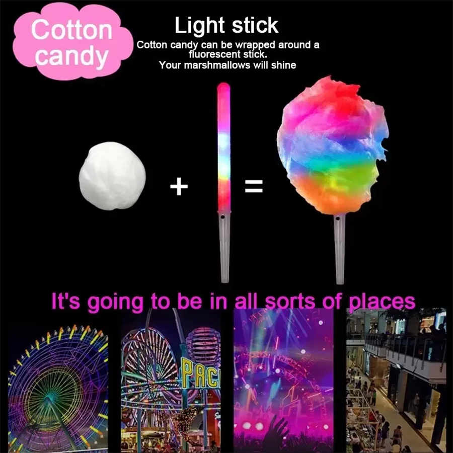 LED-Zuckerwattekegel, bunt leuchtende Marshmallow-Sticks, Partyzubehör, leuchtende, blinkende Leuchtstäbe