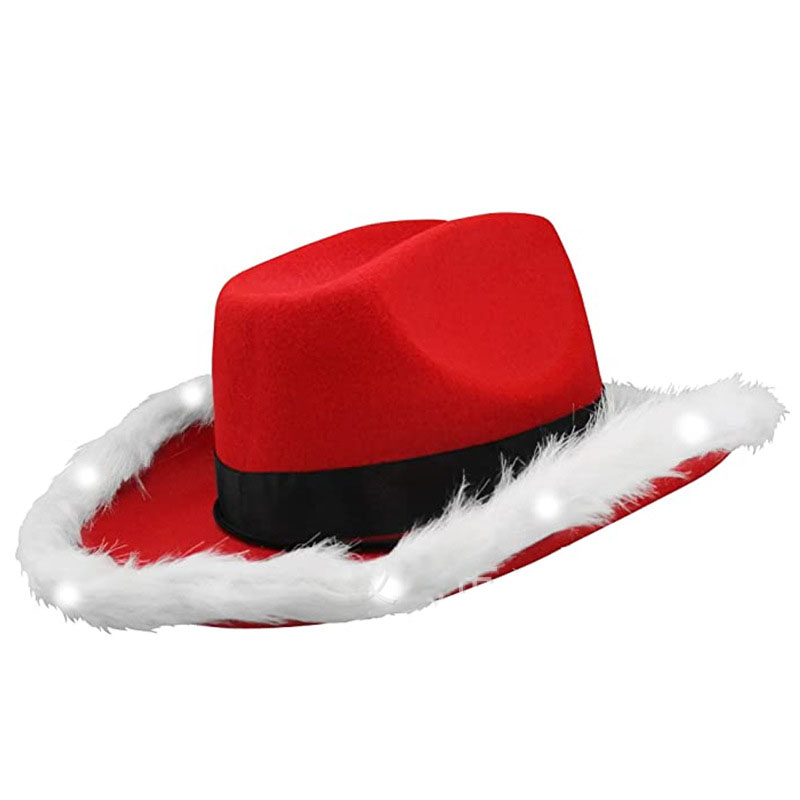 Chapeau de Cowboy du père noël, 10 pièces, chapeau de Cowboy occidental à volants blanc brillant, bord de plume scintillant, casquette flash LED en feutre de noël